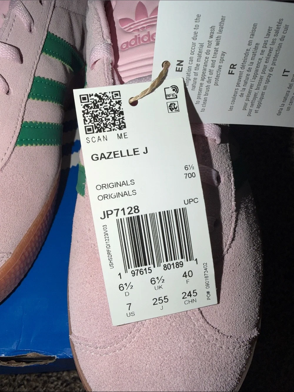 adidas Kids Pink Suede Sneakers with Green Stripes and Gum Sole